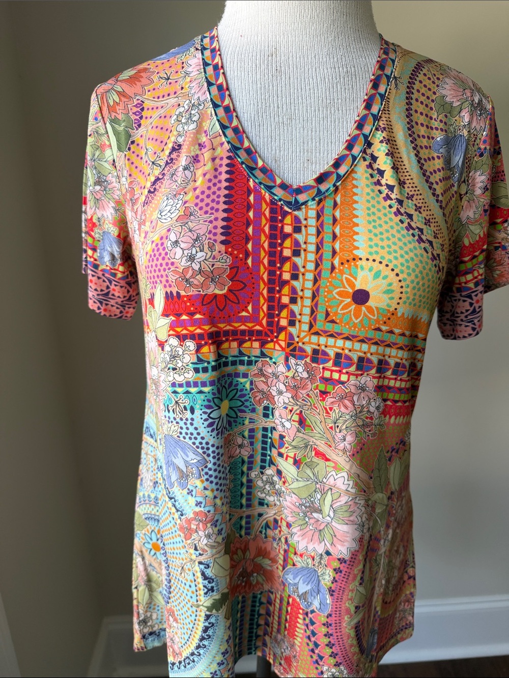 Johnny Was Bright Multicolor Floral & Geometric V‑Neck Tee